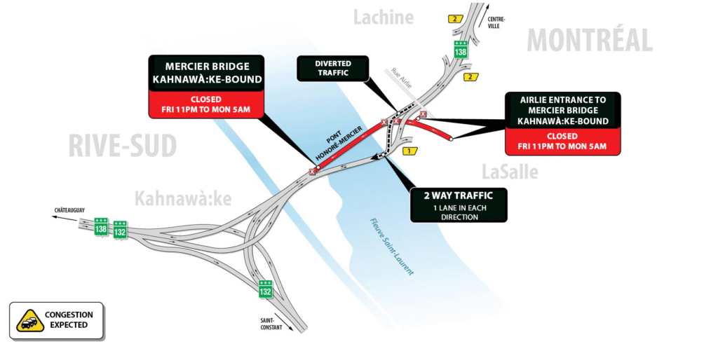 One lane in each direction this weekend on the Mercier Bridge